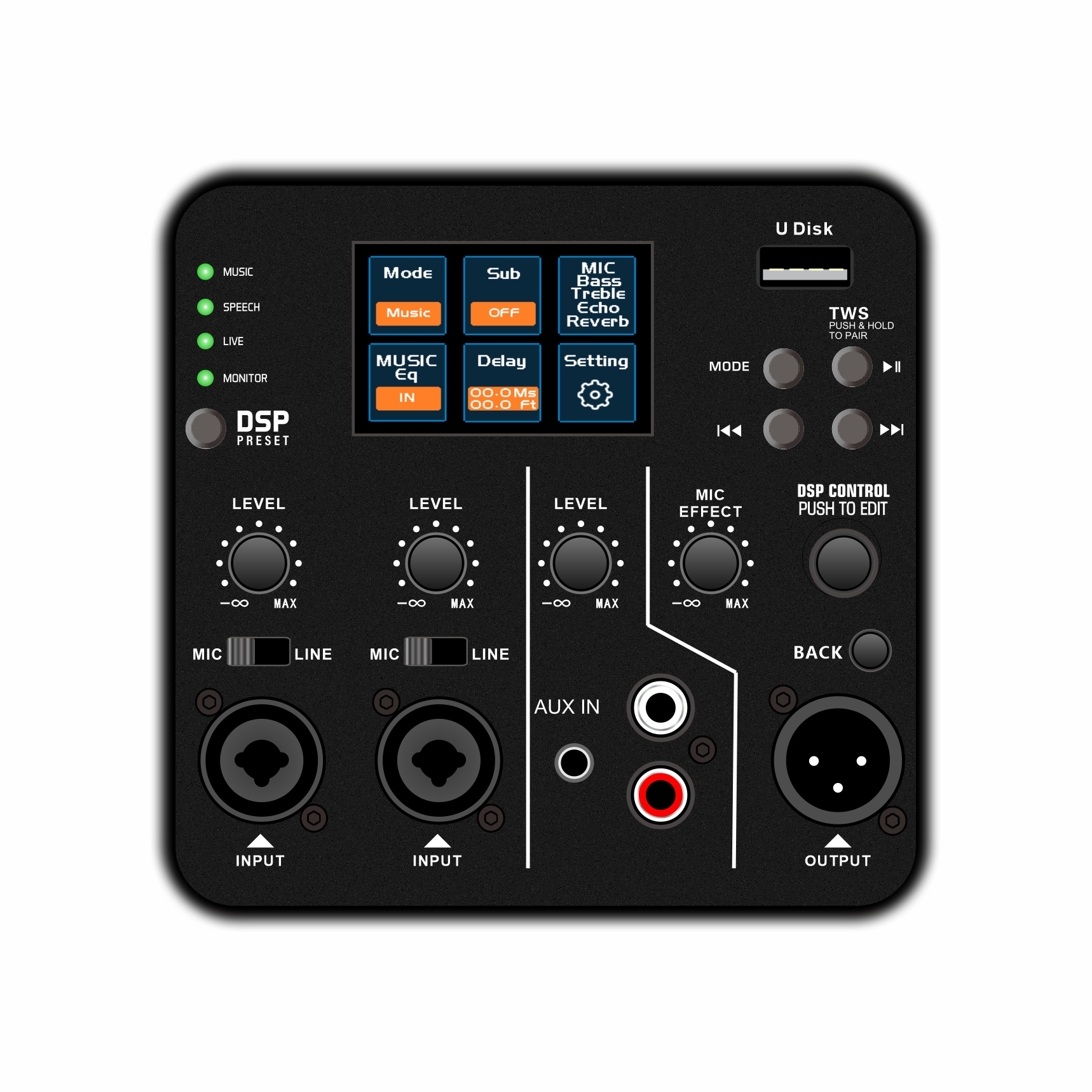 DSP2507 หน้าจอสีแบบเต็มช่วง DSP เครื่องขยายเสียงลำโพงที่ใช้งานอยู่