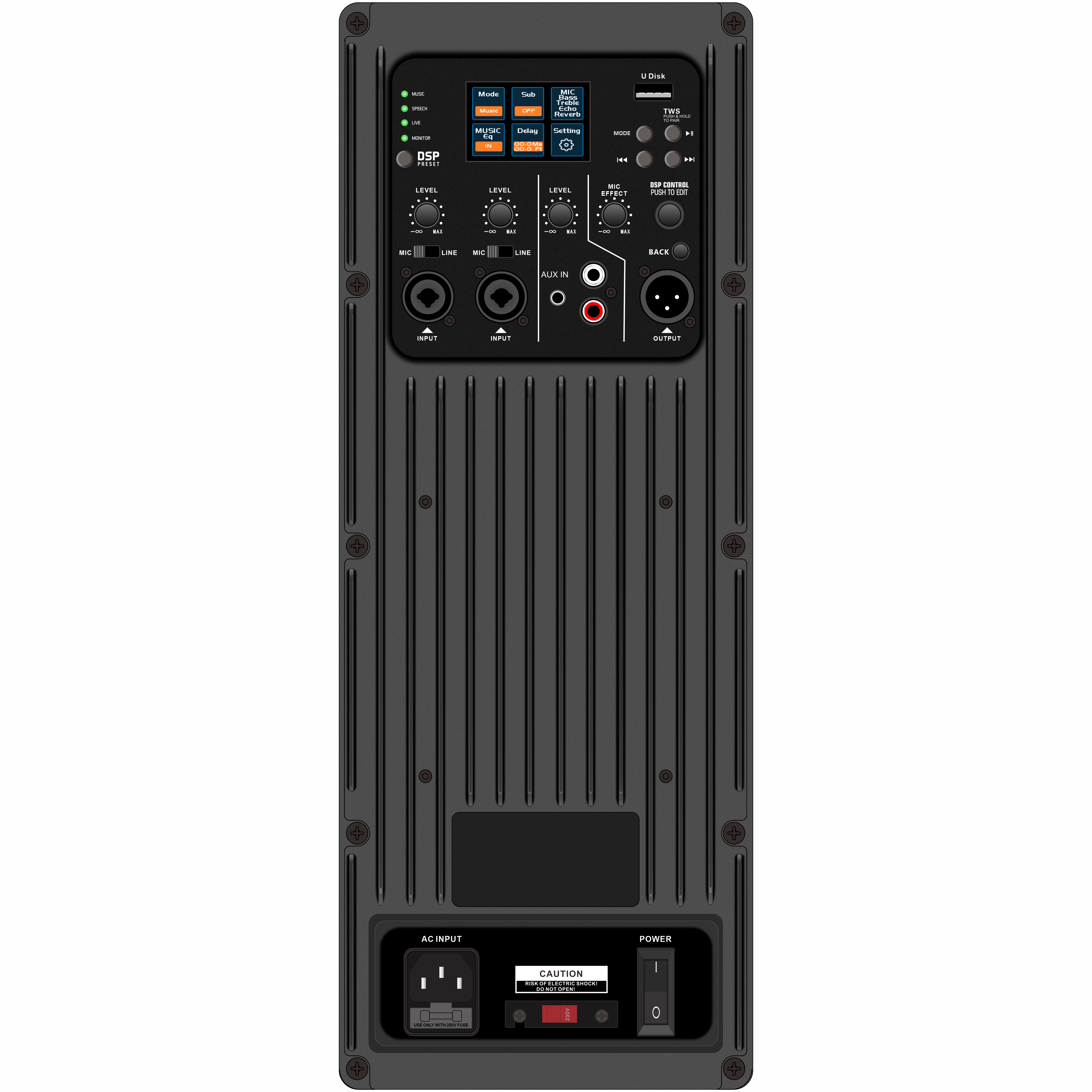 DSP2507 หน้าจอสีแบบเต็มช่วง DSP เครื่องขยายเสียงลำโพงที่ใช้งานอยู่