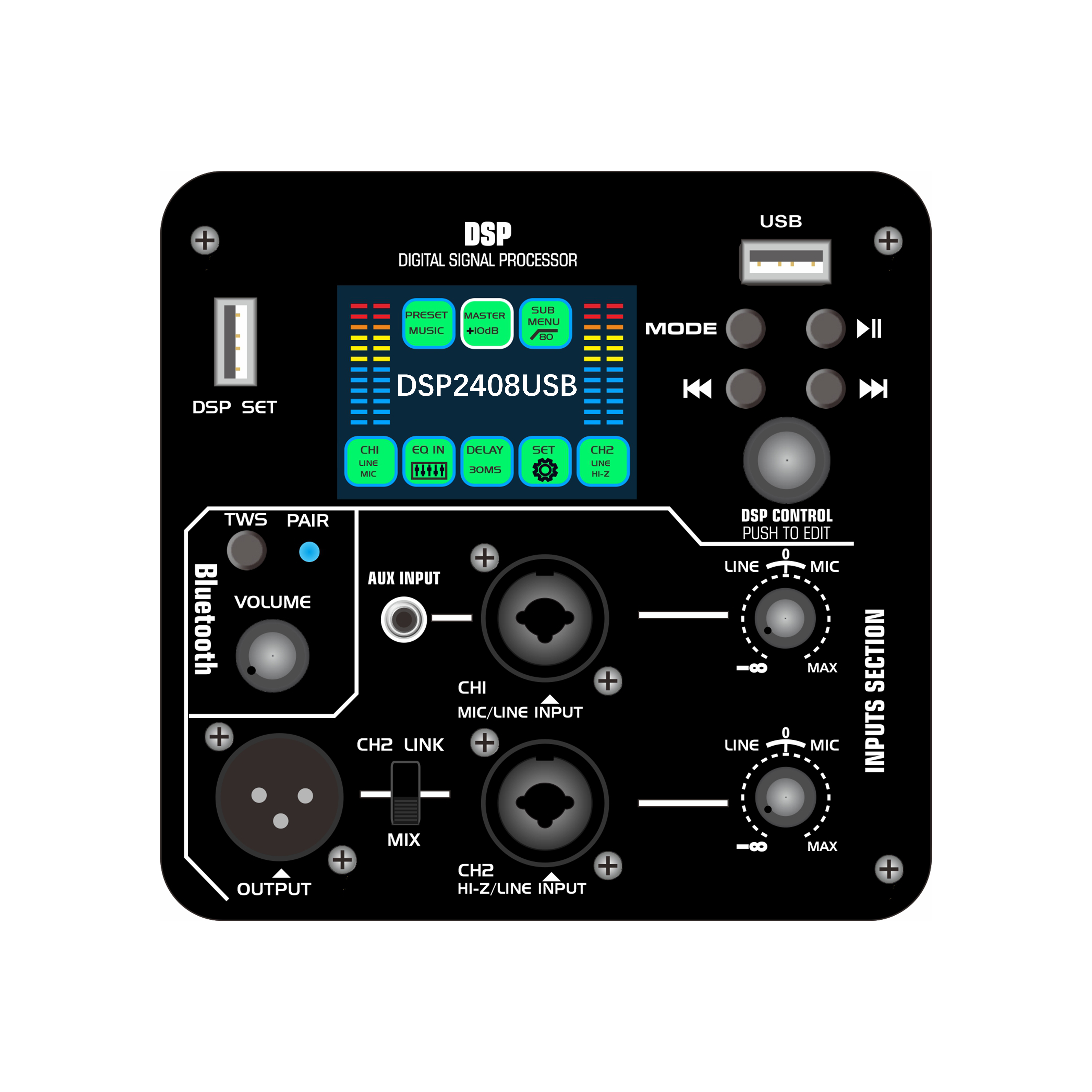 DSP2408USB หน้าจอสี DSP เครื่องขยายเสียงที่ใช้งานอยู่พร้อมฟังก์ชั่นการเล่นเสียงแฟลชไดรฟ์ USB